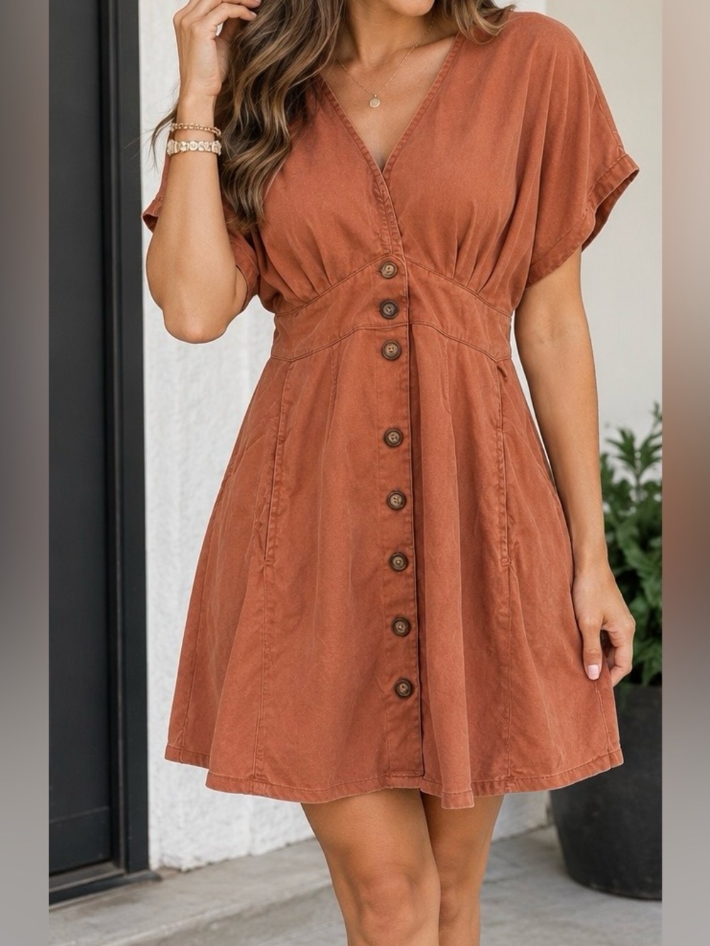Quince Rust Button-Front Mini Dress